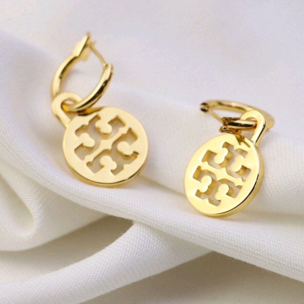 Tory Burch Gold Logo Drop Hoop Earrings
